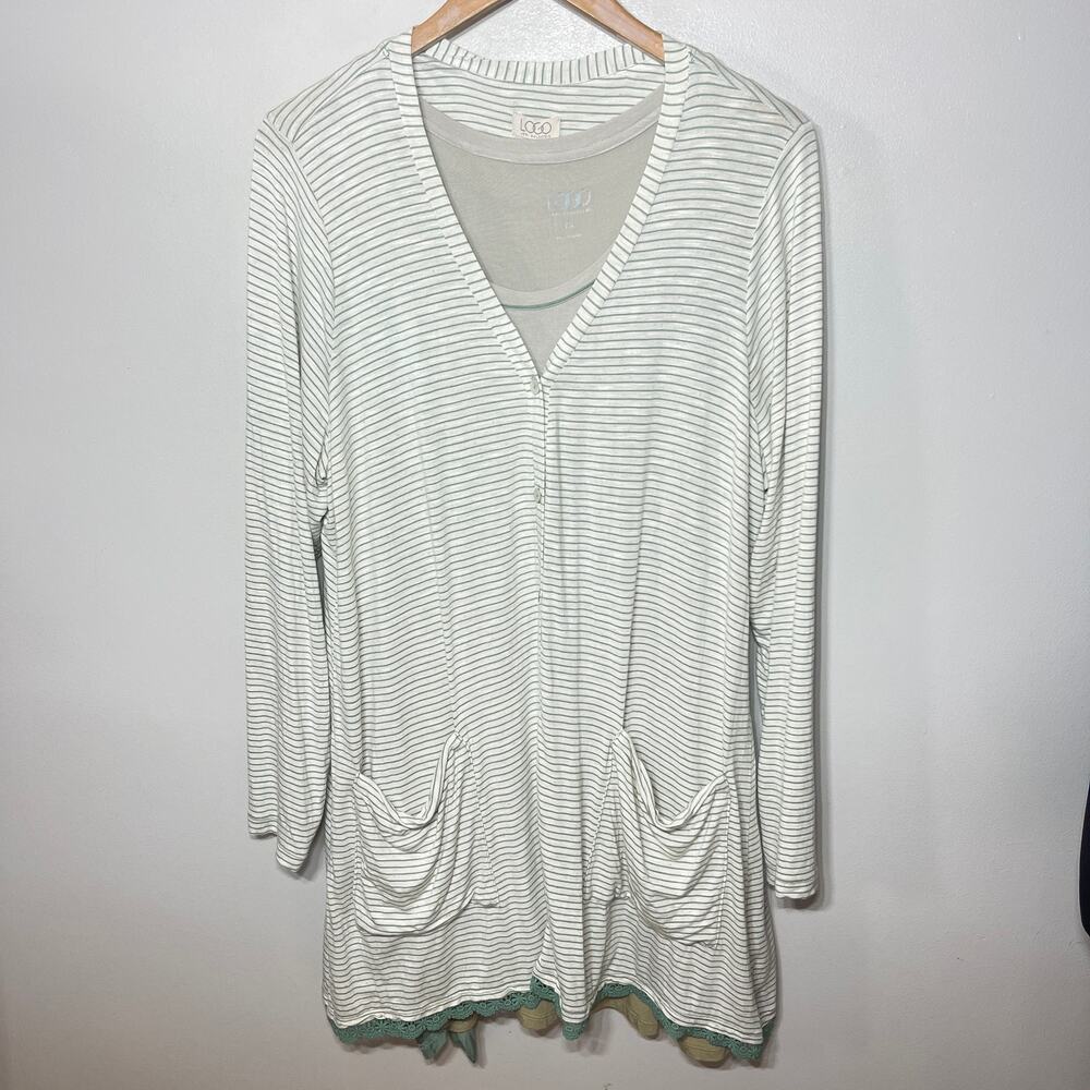 LOGO Lori Goldstein Tunic Tank Set Striped Teal Gray Rayon Cardigan Knit 1X